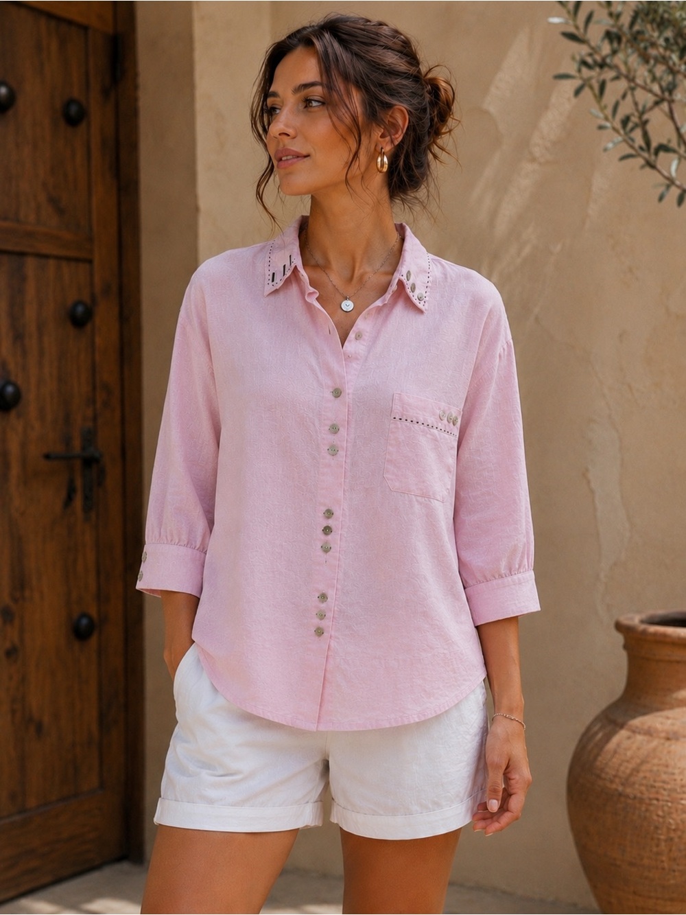 Irish Linen Women’s Light Pink Button-Down Collared Shirt with Chest Pocket
